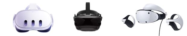 Drei verschiedene VR-Geräte: die Meta Quest 3, das Valve Index und die Sony PSVR2.