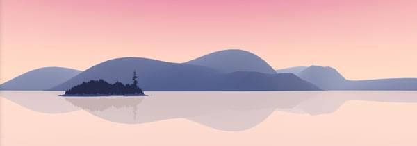 Eine 3D-Darstellung einer Landschaft: Es ist ein rosafarbener Sonnenuntergang, mit einem blauen bergigen Land im Hintergrund, umgeben von einem spiegelnden Meer und einer dunkleren blauen Insel im zweiten Plan.