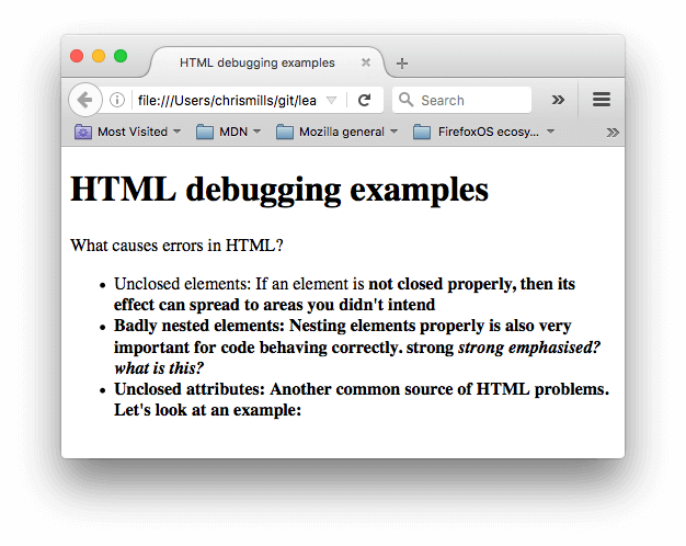 Ein einfaches HTML-Dokument mit dem Titel HTML-Debugging-Beispiele und etwas Information über häufige HTML-Fehler, wie ungeschlossene Elemente, schlecht verschachtelte Elemente und ungeschlossene Attribute. 