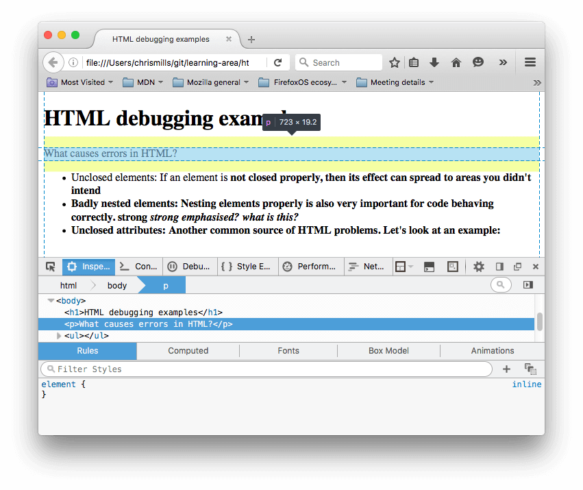 Der HTML-Inspektor in Firefox, mit dem hervorgehobenen Absatz unseres Beispiels, der den Text "What causes errors in HTML?" anzeigt. Hier können Sie sehen, dass das Paragraph-Element vom Browser geschlossen wurde.