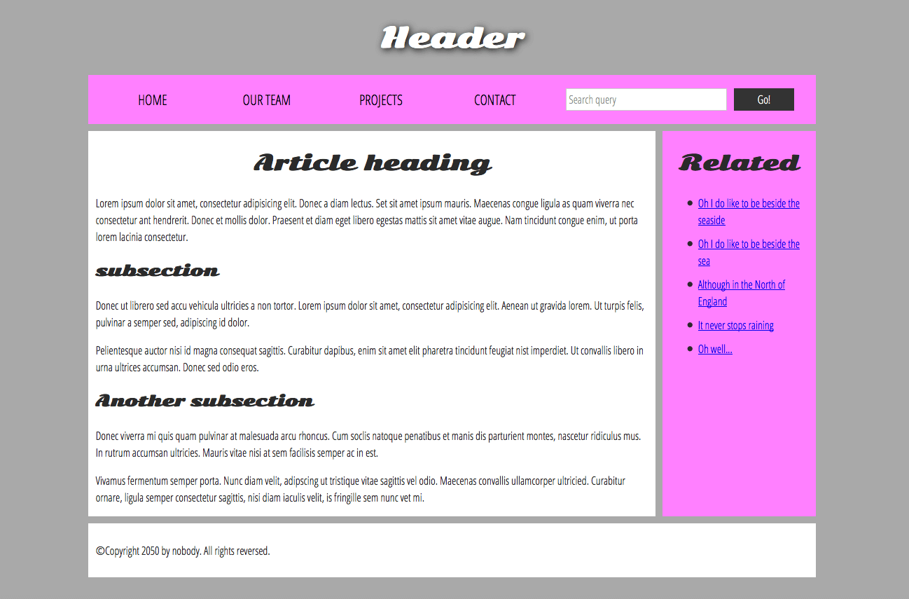 Ein einfaches Beispiel einer Webseitenstruktur mit Hauptüberschrift, Navigationsmenü, Hauptinhalt, Seitenleiste und Fußzeile.
