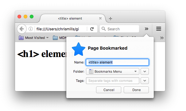 Eine Webseite wird in Firefox als Lesezeichen gespeichert. Der Lesezeichenname wurde automatisch mit dem Inhalt des 'title'-Elements ausgefüllt.
