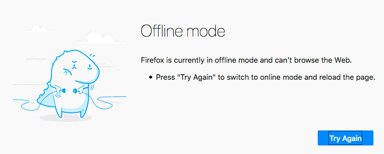 Firefox-Offline-Bildschirm mit einer Illustration eines Cartoon-Charakters auf der linken Seite, der in seiner rechten Hand einen Zweipol-Stecker und in seiner linken Hand eine Zweipol-Steckdose hält. Auf der rechten Seite gibt es eine Offline-Modus-Nachricht und einen Button mit der Beschriftung 'Erneut versuchen'.