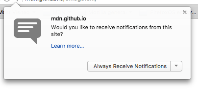 Ein Screenshot des Benachrichtigungs-Pop-up-Dialogs, das von der Benachrichtigungs-API des Browsers bereitgestellt wird. Die Website 'mdn.github.io' bittet um Erlaubnis, Benachrichtigungen an den User-Agent zu senden, mit einem X zum Schließen des Dialogs und einem Dropdown-Menü mit Optionen, wobei "Immer Benachrichtigungen erhalten" standardmäßig ausgewählt ist.