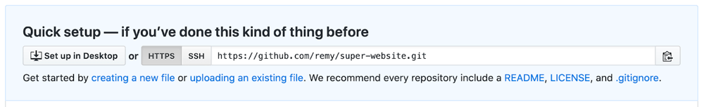 GitHub Screenshot zeigt Remote-URLs, die Sie zur Bereitstellung des Codes in einem GitHub-Repo verwenden können