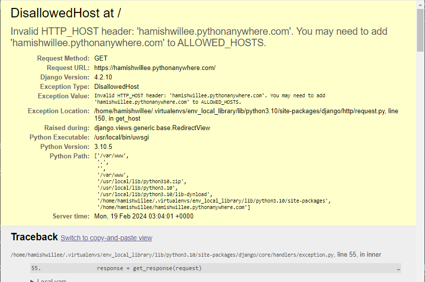 Ein detaillierter Fehlerbildschirm mit vollständigem Rückverfolgung einer ungültigen HTTP_HOST-Überschrift