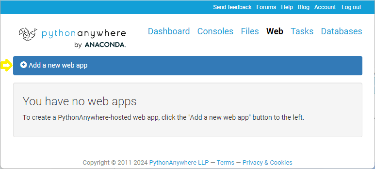 PythonAnywhere-Webbereich mit Schaltfläche zum Hinzufügen einer neuen Anwendung
