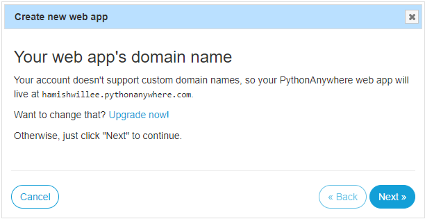 PythonAnywhere-Eingabeaufforderung zum Einstellen des Domainnamens einer neuen Web-App