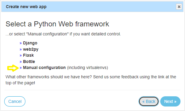 PythonAnywhere-Eingabeaufforderung zum Auswählen eines in der Anwendung verwendeten Webframeworks