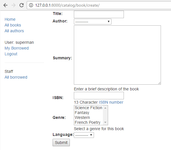 Screenshot, der verschiedene Felder im Formular anzeigt, wie Titel, Autor, Zusammenfassung, ISBN, Genre und Sprache