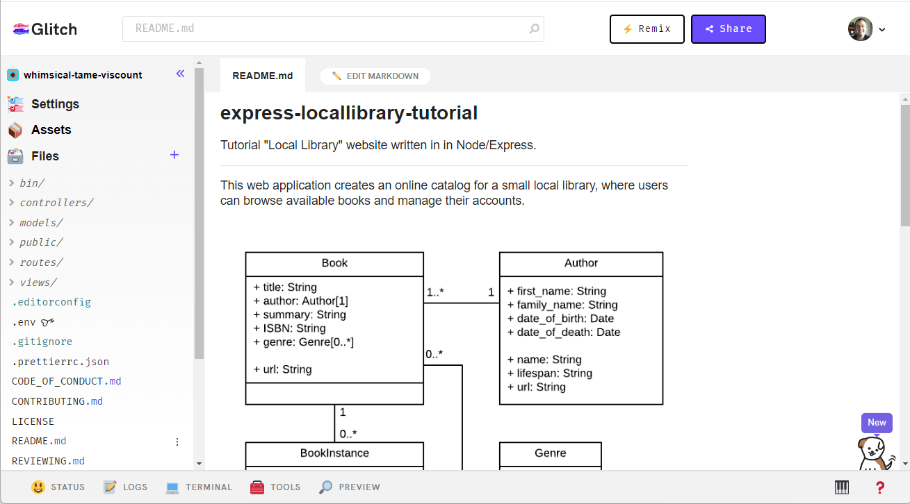 Glitch-Editor-Ansicht für importiertes Projekt