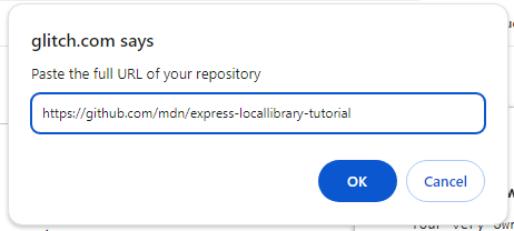 Glitch-Popup zum Eingeben der URL des zu importierenden GitHub-Repos