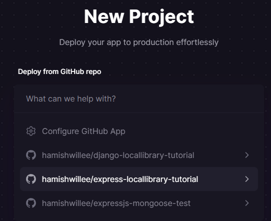 Railway-Popup zeigt an, welche GitHub-Repos bereitgestellt werden können