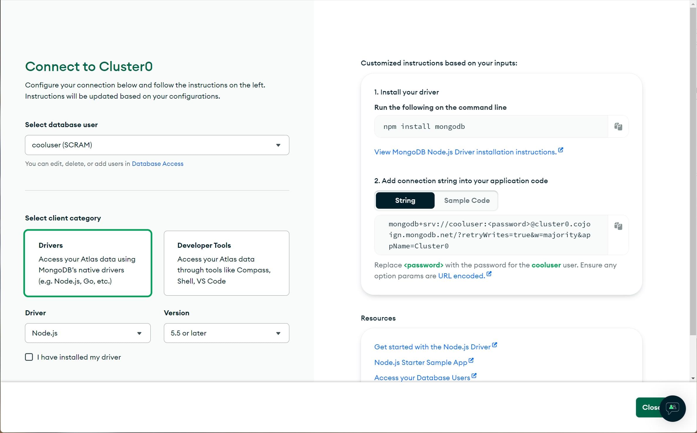 Wählen Sie die kurze SRV-Verbindung bei der Einrichtung der Verbindung auf MongoDB Atlas.