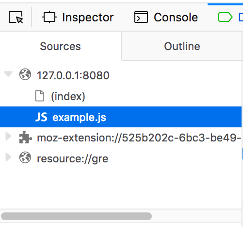 Ausschnitt des Quellen-Panels des Debugger-Tabs in den Entwicklerwerkzeugen des Browsers. Die mit der aktuellen Seite, die Sie debuggen, verknüpften Dateien sind unter dem Ordner sichtbar, dessen Name mit der URL der im aktuellen Browser-Tab geöffneten Website identisch ist.