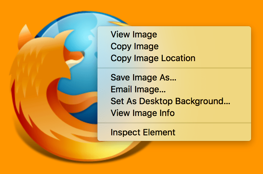 Das Firefox-Logo als DOM-Element auf einer Beispiel-Website mit einem angezeigten Kontextmenü. Ein Kontextmenü erscheint, wenn ein Element auf der Webseite angeklickt wird. Das letzte Menüelement ist 'Element untersuchen'.