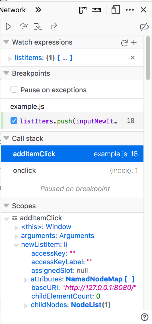 Ausschnitt des Quellen-Panels des Debugger-Tabs der Entwicklerwerkzeuge des Browsers. Der Call Stack zeigt die Funktion, die in Zeile 18 aufgerufen wird, und hebt hervor, dass an dieser Zeile ein Breakpoint gesetzt ist und den Scope anzeigt.