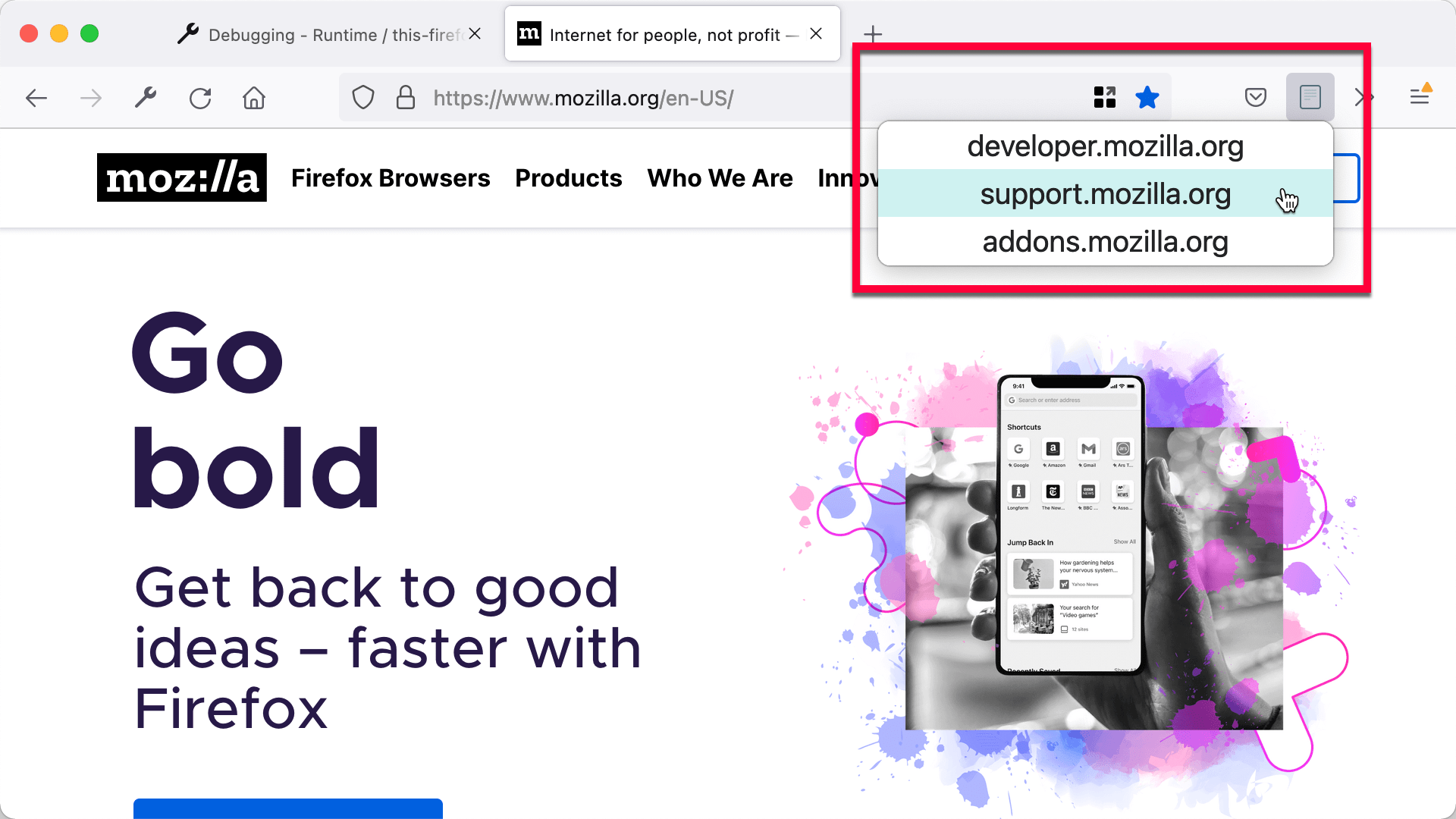 Die von der Erweiterung hinzugefügte Toolbar-Schaltfläche mit einem Popup