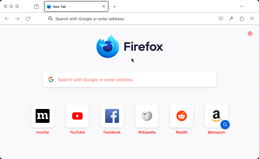 Firefox zeigt eine neue Registerkarte-Seite. Auf der Seite ist der Text in Rot.