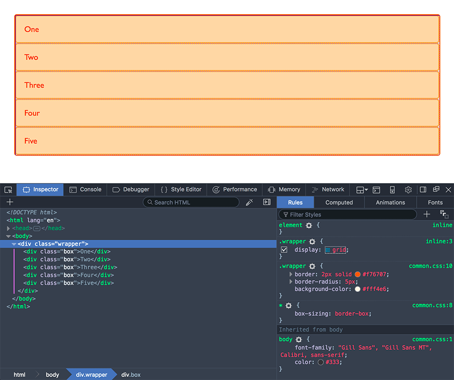 Verwendung des Raster-Highlightes in Firefox DevTools zur Anzeige eines Rasters