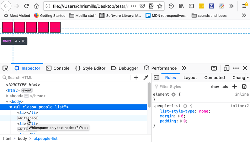 Beispiel für die Anzeige von Leerzeichen zwischen Blöcken im Firefox DevTools HTML Inspector