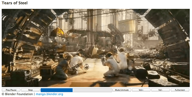 Ein Bild eines Videoplayers mit mehreren Bedienelementen wie Abspielen, Pause und Stopp. Das Video zeigt eine Gruppe von Männern, die gegen eine Gruppe von Robotern kämpfen.