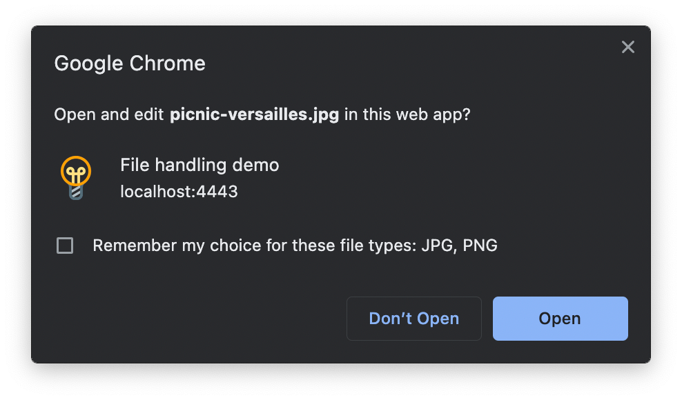 Chrome-Warnungsdialog zum Starten der PWA zum Verarbeiten einer Datei