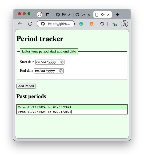 Hellgrüne Webseite mit einer großen Kopfzeile, einem Formular mit einer Legende, zwei Datumsauswahlelementen und einem Button. Unten werden gefälschte Daten für zwei Menstruationszyklen und eine Kopfzeile angezeigt.
