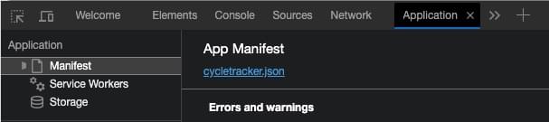 In den Entwicklertools umfasst das linke Panel Links zum Manifest. Die rechte Seite liest App Manifest, mit dem Dateinamen als Link zur JSON-Datei.