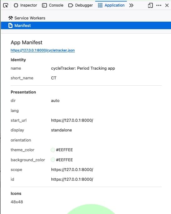 Das Manifest-Panel in den Firefox-Entwicklertools zeigt Werte für die nicht eingeschlossenen dir-, scope- und id-Mitglieder sowie die lang- und orientation-Mitglieder ohne zugehörige Werte an.