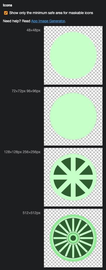 Die vier im Manifestfile enthaltenen Icons, ohne Hintergrund, da "zeige nur den minimal sicheren Bereich für maskierbare Icons ist ausgewählt.