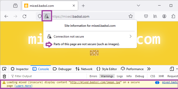 Bildschirmfoto der Webkonsole, die eine Anzeige-Warnung für ein gemischtes Inhaltsbild anzeigt.