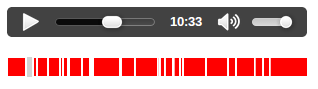 An audio player with play button, seek bar and volume control, with a series of red rectangles beneath it representing time ranges.