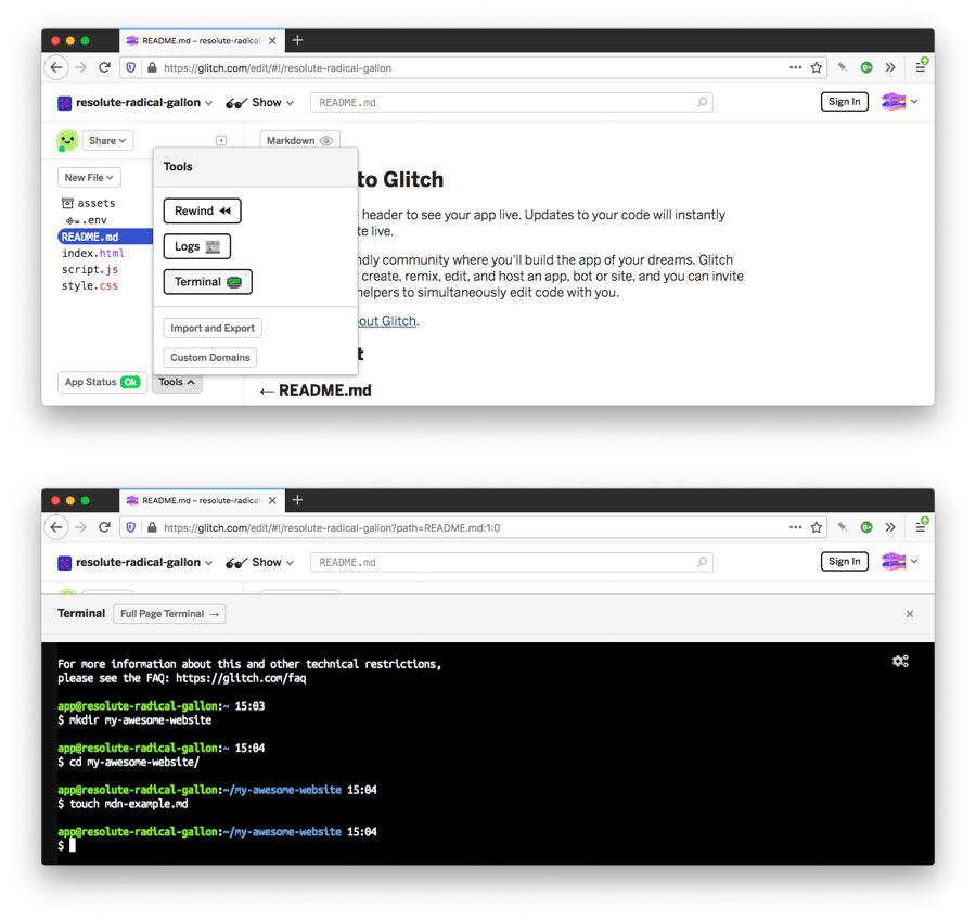 glitch.com のホームページと glitch 端末エミュレーターを示す 2 つのスクリーンショット
