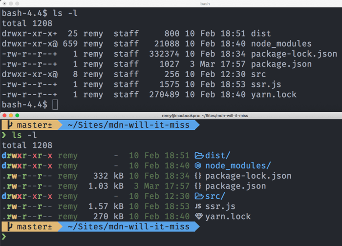 バニラ macOS 端末と、よりカラフルなカスタム macOS 端末で、ファイルリストを表示させています。これは、 ls -l コマンドを実行した結果です。
