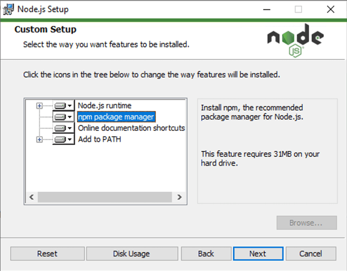 Windwos の Node.js インストーラーで、 npm を含めるオプションを示しています。