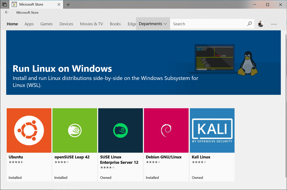 Linux ドキュメント内の Windows サブシステムのスクリーンショット